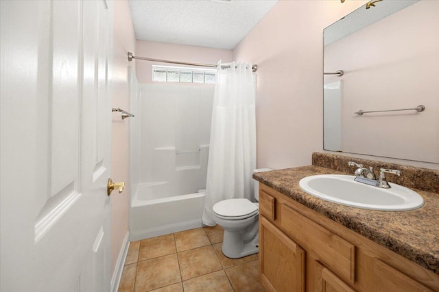 full bathroom with vanity, tile patterned flooring, toilet, a textured ceiling, and shower / tub combo