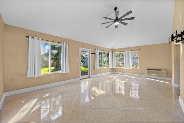 unfurnished living room featuring a wealth of natural light, ceiling fan, a wall mounted air conditioner, and high vaulted ceiling