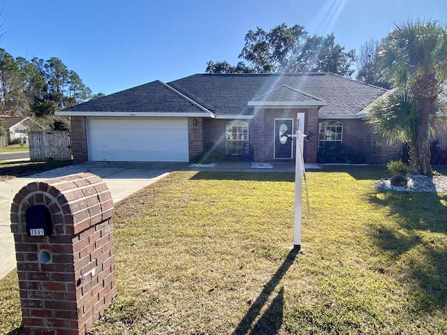 single story home with a front yard and a garage