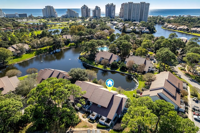 aerial view featuring a water view