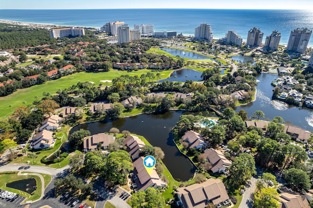 bird's eye view with a water view