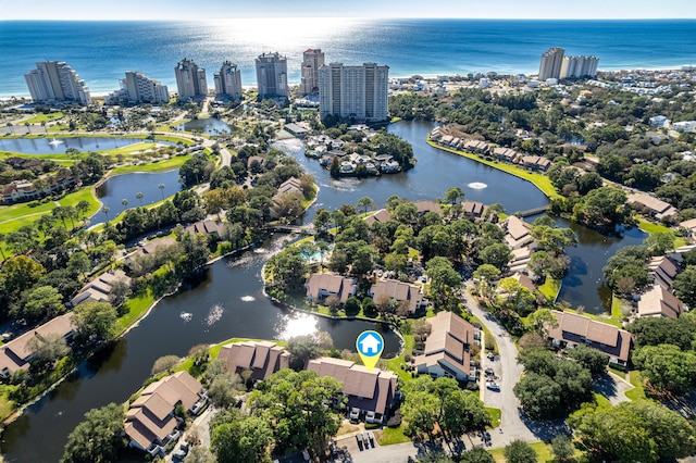 drone / aerial view featuring a water view