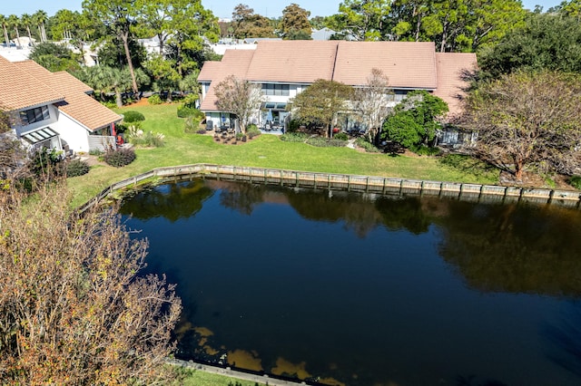 drone / aerial view with a water view