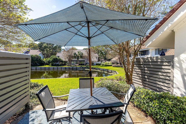 view of patio with a water view