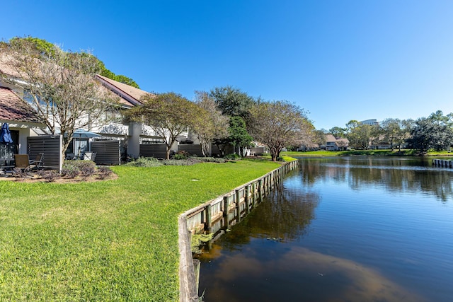 view of dock with a water view and a lawn