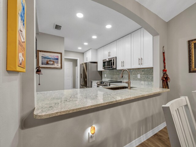 kitchen with stainless steel appliances, hardwood / wood-style floors, tasteful backsplash, light stone countertops, and kitchen peninsula