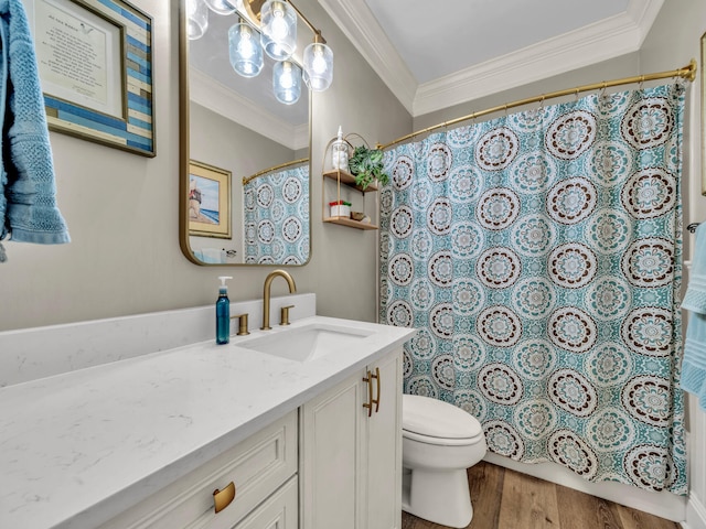 full bath featuring a shower with shower curtain, toilet, ornamental molding, vanity, and wood finished floors