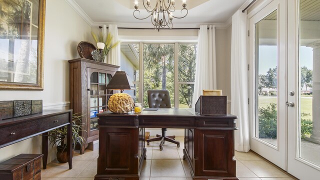 tiled office featuring a notable chandelier and crown molding