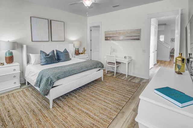 bedroom featuring ceiling fan and light hardwood / wood-style flooring