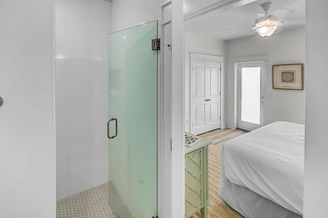 interior space with ceiling fan, wood-type flooring, and a shower with shower door