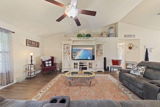 living room featuring ceiling fan, high vaulted ceiling, and dark hardwood / wood-style flooring