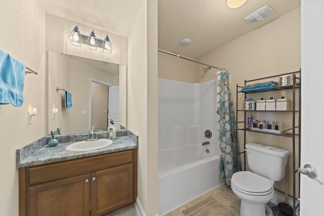 full bathroom featuring tile patterned floors, a textured ceiling, vanity, toilet, and shower / bathtub combination with curtain