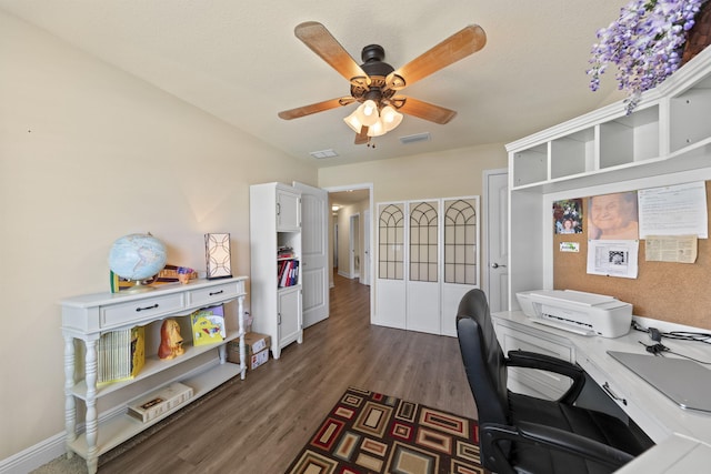 office area featuring ceiling fan and dark hardwood / wood-style floors