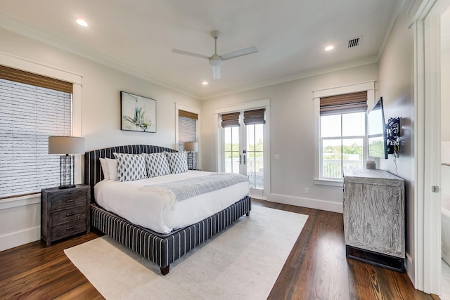 bedroom featuring dark hardwood / wood-style flooring, ornamental molding, access to outside, and ceiling fan