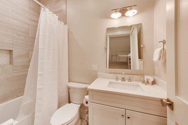 full bathroom with toilet, shower / tub combo with curtain, and vanity