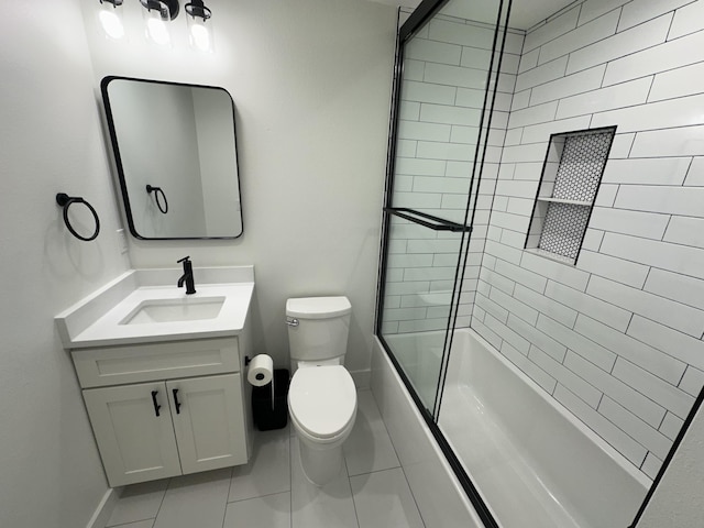 full bathroom featuring vanity, combined bath / shower with glass door, and toilet