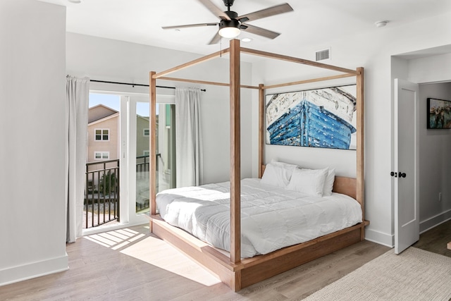 bedroom with ceiling fan, access to outside, and light wood-type flooring