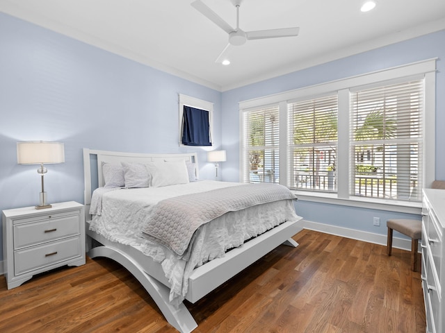 bedroom featuring ceiling fan and dark wood-type flooring