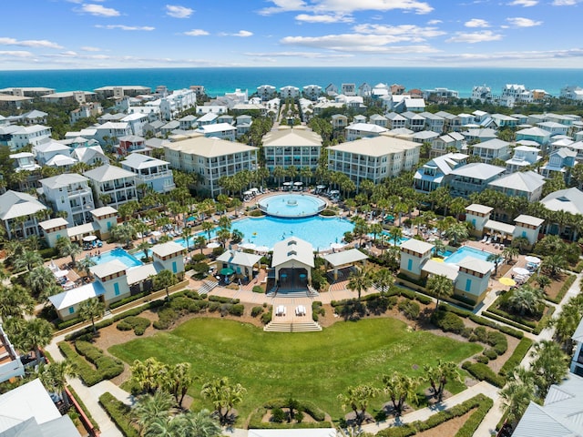 aerial view featuring a water view