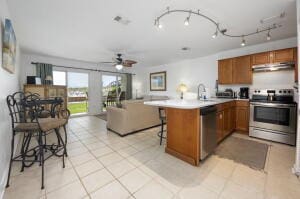 kitchen featuring a breakfast bar area, under cabinet range hood, stainless steel appliances, open floor plan, and light countertops