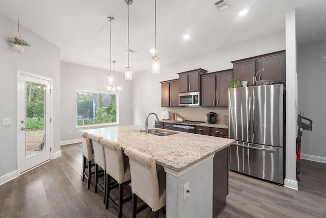 kitchen with stainless steel appliances, visible vents, a kitchen island with sink, a sink, and dark brown cabinets