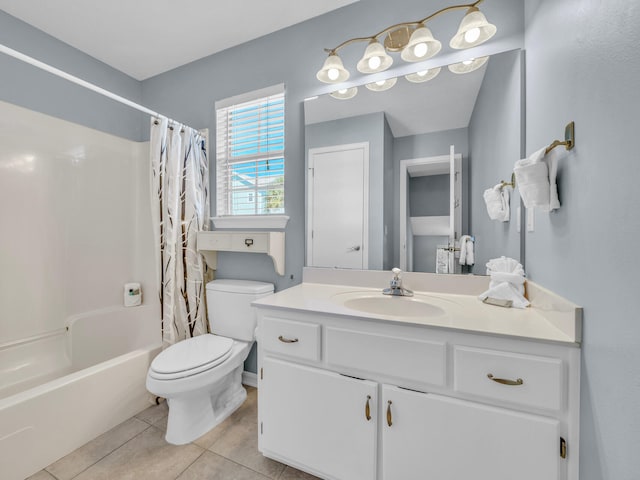 bathroom with toilet, shower / bathtub combination with curtain, vanity, and tile patterned floors