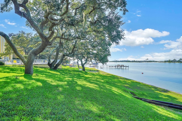 view of yard featuring a dock and a water view