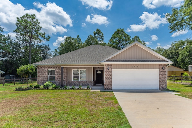 ranch-style home with an attached garage, brick siding, fence, concrete driveway, and a front yard