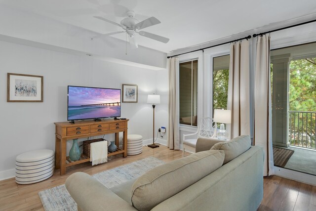 living room featuring ceiling fan and light hardwood / wood-style flooring