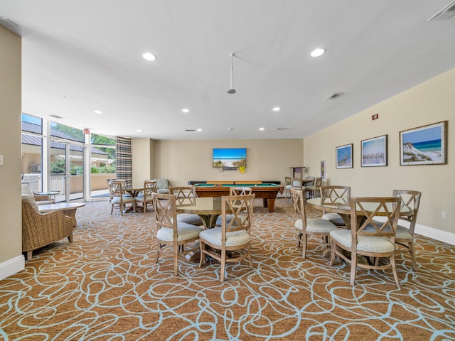 dining area featuring baseboards, billiards, visible vents, and recessed lighting