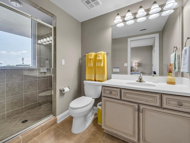 full bathroom with toilet, vanity, visible vents, a shower stall, and tile patterned floors