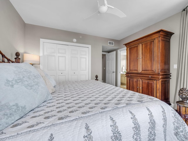 bedroom featuring a closet, visible vents, and ceiling fan