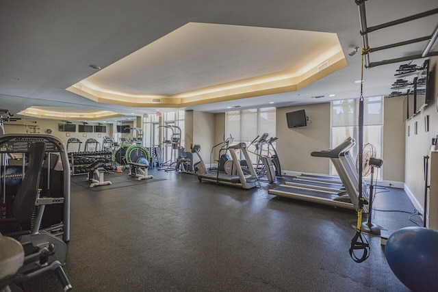 workout area with baseboards and a raised ceiling