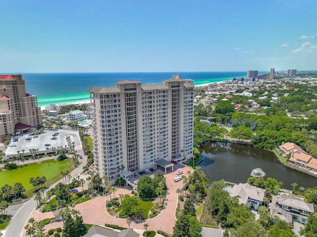 drone / aerial view with a view of city and a water view