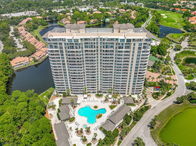 aerial view with a water view and golf course view