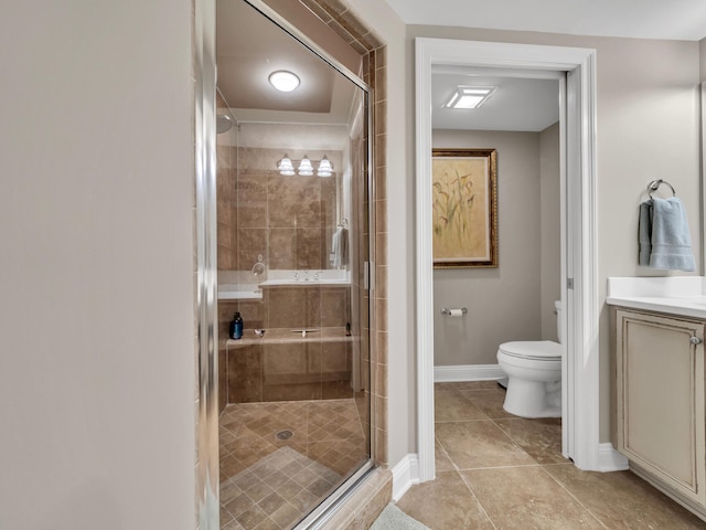 full bathroom featuring toilet, a stall shower, vanity, tile patterned flooring, and baseboards