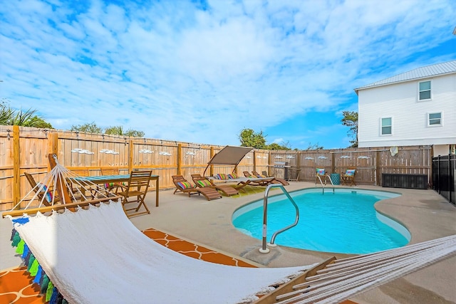 view of pool with a fenced backyard, a fenced in pool, and a patio
