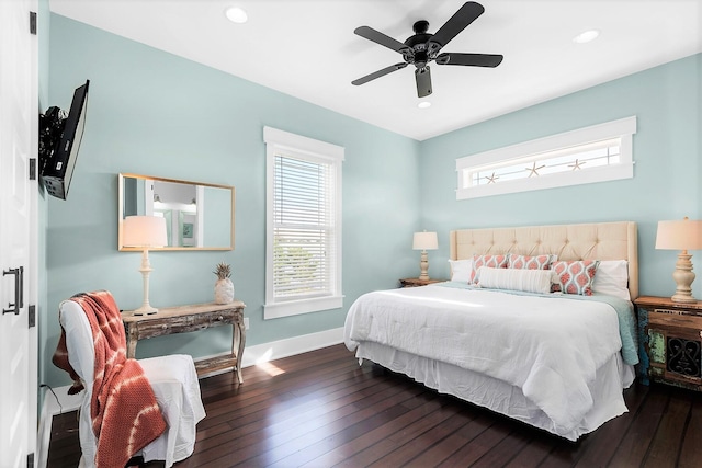 bedroom featuring baseboards, ceiling fan, recessed lighting, and dark wood-style flooring
