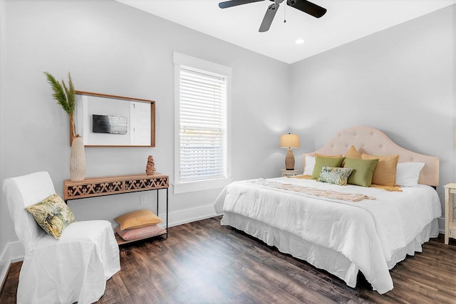 bedroom with baseboards, wood finished floors, ceiling fan, and recessed lighting
