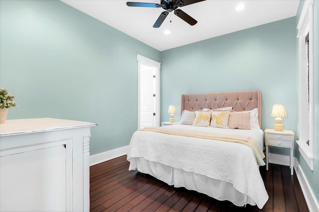 bedroom featuring dark wood-style flooring, baseboards, ceiling fan, and recessed lighting