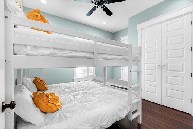 bedroom featuring a closet, ceiling fan, recessed lighting, and wood-type flooring
