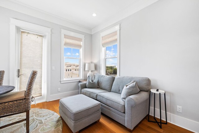 living room featuring crown molding and wood-type flooring