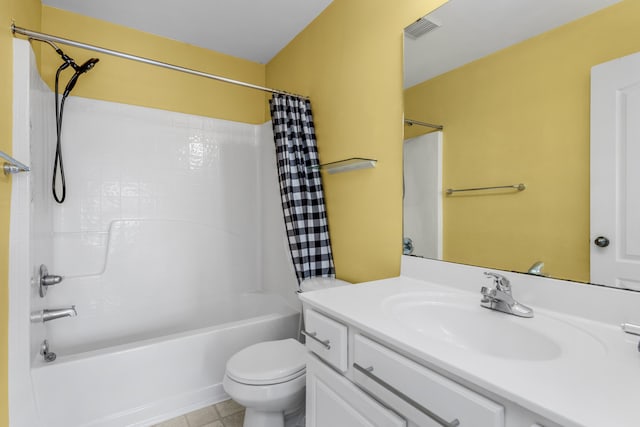 full bathroom featuring vanity, shower / bath combination with curtain, and toilet