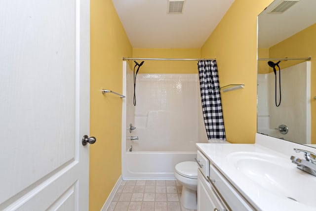 full bathroom featuring vanity, tile patterned flooring, toilet, and shower / bathtub combination with curtain