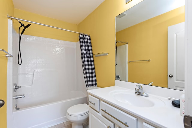 full bathroom featuring vanity, toilet, shower / bathtub combination with curtain, and tile patterned flooring