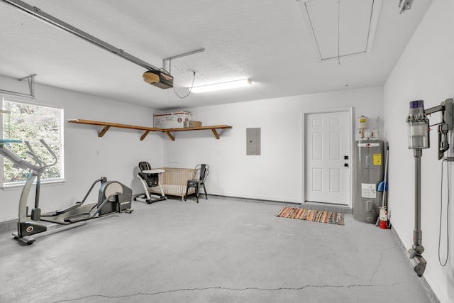 garage featuring a garage door opener, water heater, and electric panel