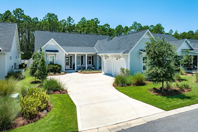 view of front of home with an attached garage, covered porch, concrete driveway, and a front yard