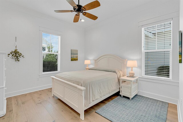 bedroom with ceiling fan and light hardwood / wood-style floors