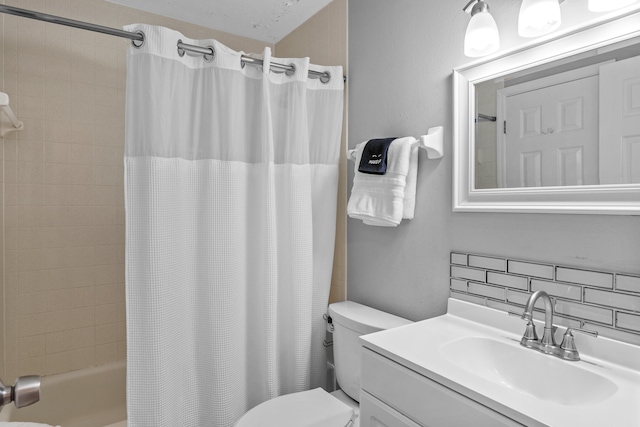 full bathroom with backsplash, vanity, shower / tub combo with curtain, and toilet