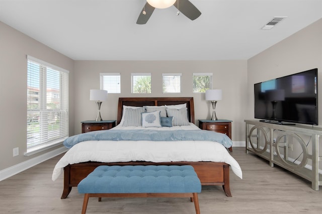 bedroom featuring light wood-style floors, baseboards, and visible vents